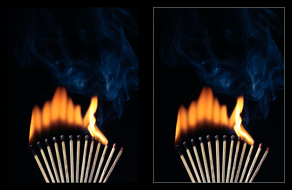 Before and after adding a white keyline to an image of lit matches against a black background.